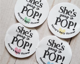 Blanc personnalisé elle va POP ! - autocollants de cercle de 2 pouces (20) - autocollants de douche de bébé / / Baby Shower Etiquettes / / joints de douche de bébé