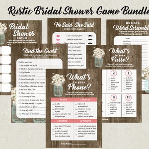 Rustic Bridal Shower Game Bundle/ Mason Jar Rustic Bridal Shower Games