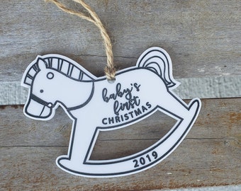 Baby's First Christmas 2020 | Rocking Horse | Glossy White | Gold Glitter Filled | Ornament | 4” Twine | Christmas | Engraved