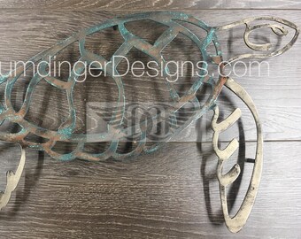 Decoración de pared de metal con forma de tortuga marina - Brillo de pátina de cobre