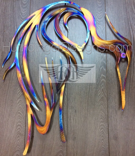 Stainless Steel Blue Heron Wall Art, Heat Colored Metal Decor
