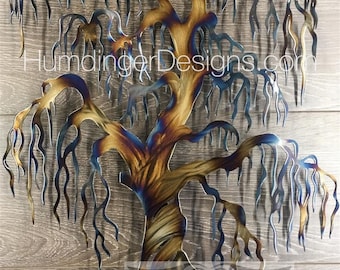 Hand Polished Steel Willow Tree Wall Art: Heat Colored Metal Decor
