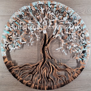 May include: A metal tree of life wall art with a brown and copper finish. The tree has a large trunk and intricate branches and roots. The background is a light blue and white colour.
