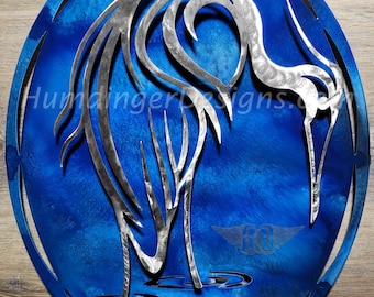Great Blue Heron Wall Art | Blue Background Decor | Stainless Steel | Humdinger Designs