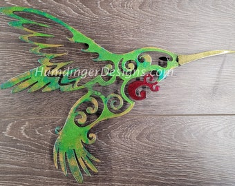 Arte mural de metal - Colibrí - Garganta rubí - Humdinger Designs - Aluminio - Arte mural para exteriores - Decoración de pared