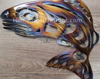 West Coast Salmon Metal Wall Art: Hand-Polished Steel (16x14)