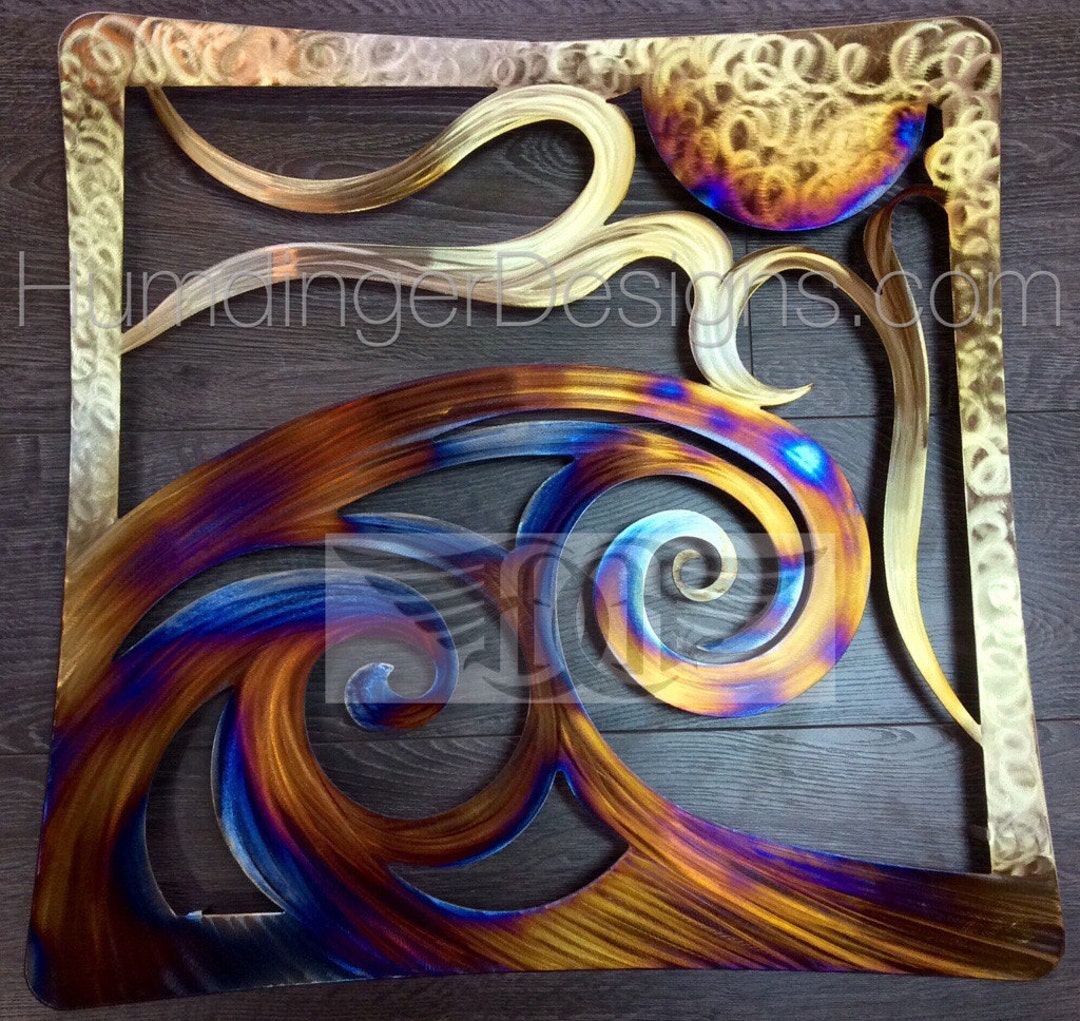 Ocean Waves and Sun Metal Wall Art Wall Decor - Large - Stainless Steel ...