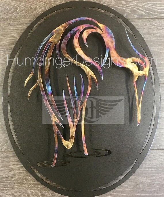 Stainless Steel Blue Heron Wall Art, Heat Colored Metal Decor