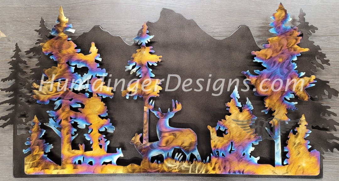 Deer Forest Scene Large Metal Wall Art Cabin Decor Chalet Stainless ...