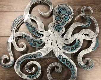 Silver Blue Octopus Metal Wall Art - Marine Sculpture