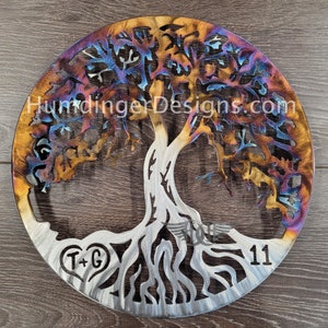 Custom - Personalized - 11th Anniversary - Heated Stainless Steel - Tree Of Life - Carve Your Initials - Metal Wall Art - Humdinger Designs