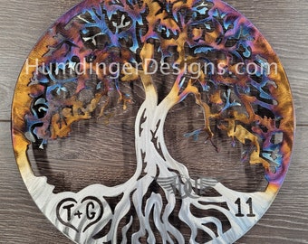 Custom - Personalized - 11th Anniversary - Heated Stainless Steel - Tree Of Life - Carve Your Initials - Metal Wall Art - Humdinger Designs