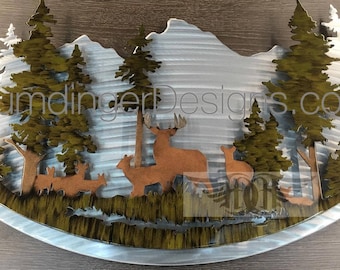 May include: Metal wall art depicting a forest scene with a deer and other wildlife. The art is painted in shades of brown, green, and silver. The text "Humdinger Designs.com" is visible in the image.