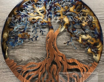 Extra Large Tree of Life Wall Decor - 46 Inch Diameter - Heated Steel - Copper Trunk - Metal Art - Humdinger Designs