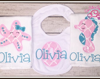 Personalized Pink and Teal Quatrefoil Boutique Sea Life Bib and Burp Cloths Set