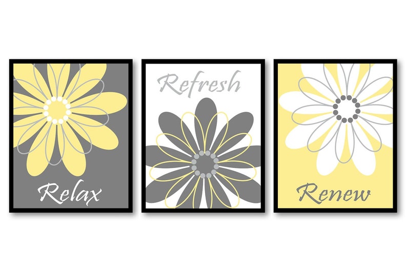 Bathroom Wall Art Yellow Grey Gray White Daisy Flower Print Etsy