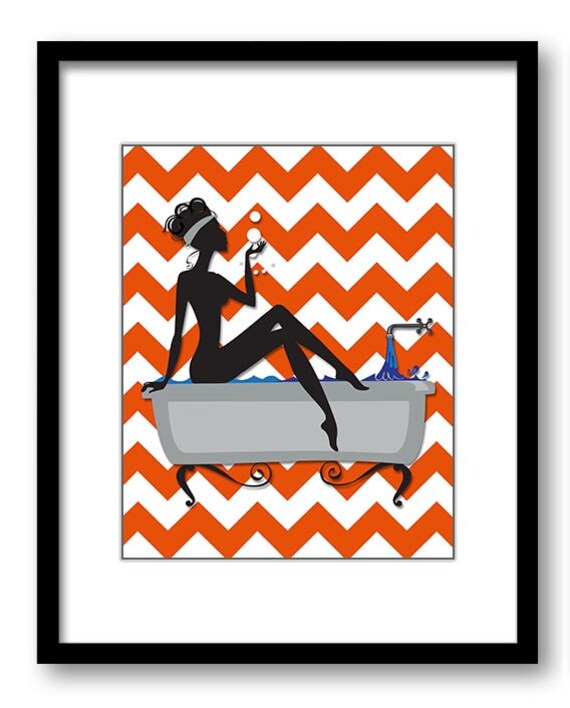 Orange Coral Grey Bathroom Decor Bathroom Wall Art Print Etsy