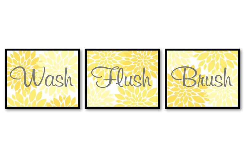Bathroom Wall Art Yellow Grey Gray Dahlia Flower Print Set of Etsy