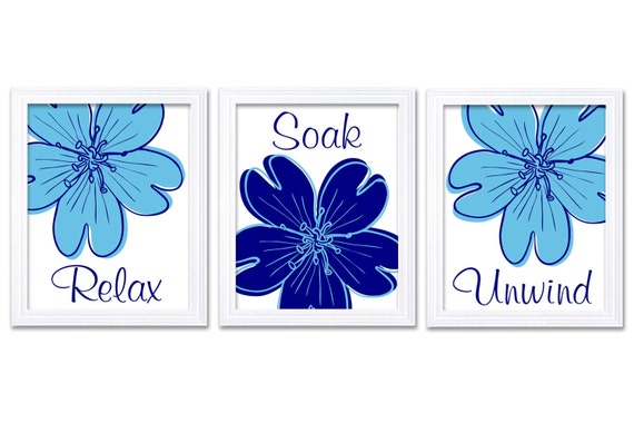 Bathroom Wall Art Relax Soak Unwind Navy Blue Sky Blue Etsy
