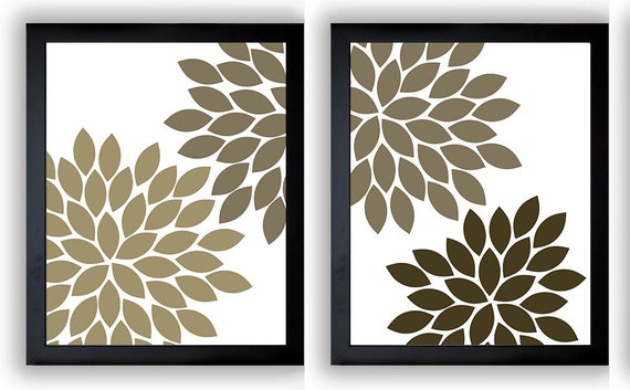 Flower Print Beige Dark Brown Chrysanthemum Flowers Art Print Set Of 2 Wall Decor Modern Minimalist Bathroom Bedroom