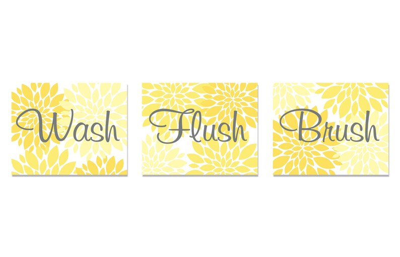Bathroom Wall Art Yellow Grey Gray Dahlia Flower Print Set of Etsy