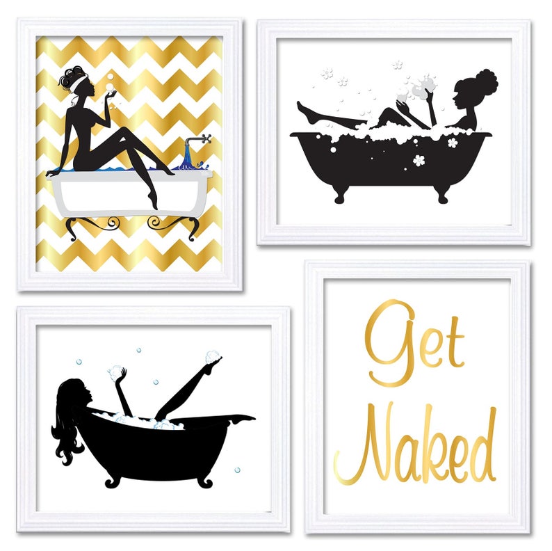 Bathroom Wall Decor Print Black White Gold Art Image 0