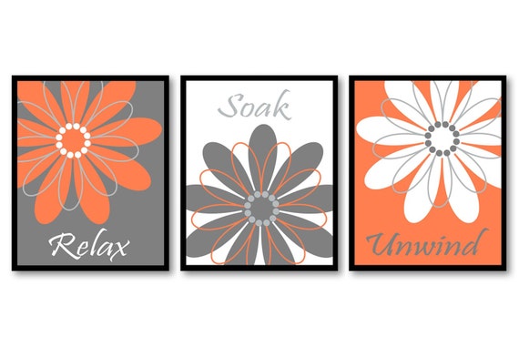Bathroom Wall Art Orange Coral Grey Gray White Daisy Flower Etsy
