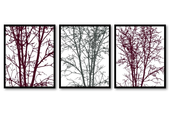 Home Decor Wall Art Red Burgundy Grey Landscape Art Trees Set Etsy