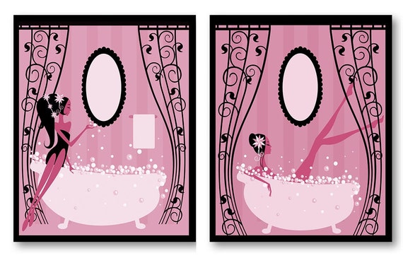 Hot Pink Black Bathroom Decor Bathroom Print Set Of 2 Bathroom Etsy