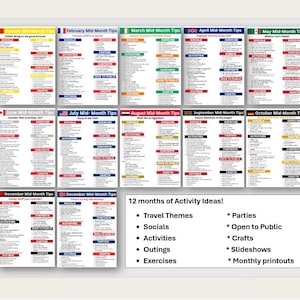 May include: A detailed infographic presenting activity ideas for each month, with each month's section marked by a different flag. Categories include socials, activities, and crafts. The bottom right lists travel themes, parties, and monthly printouts.