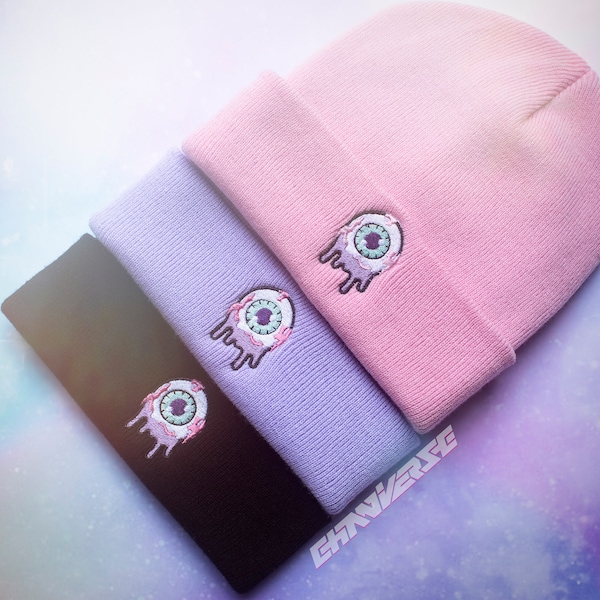 Pastel Goth Drippy Eyeball | Embroidered beanie!