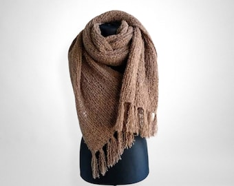 Long boucle scarf knitted from brown alpaca, women's scarves for winter, extra large knit wrap, rectangular shawl