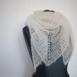 Off white mohair scarf Gossamer silk shawl Loosely knit triangle scarf for women Sheer wrap Cozy neck warmer in ivory image 1