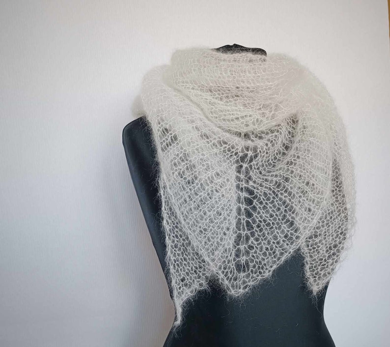 Off white mohair scarf Gossamer silk shawl Loosely knit triangle scarf for women Sheer wrap Cozy neck warmer in ivory image 1