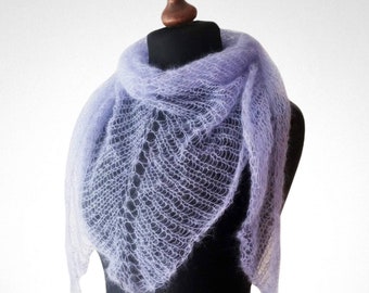 Loosely knitted lightweight mohair shawl in lavender, triangle shawl for women, her gifts,  ethereal gossamer scarf, amethyst color scarf