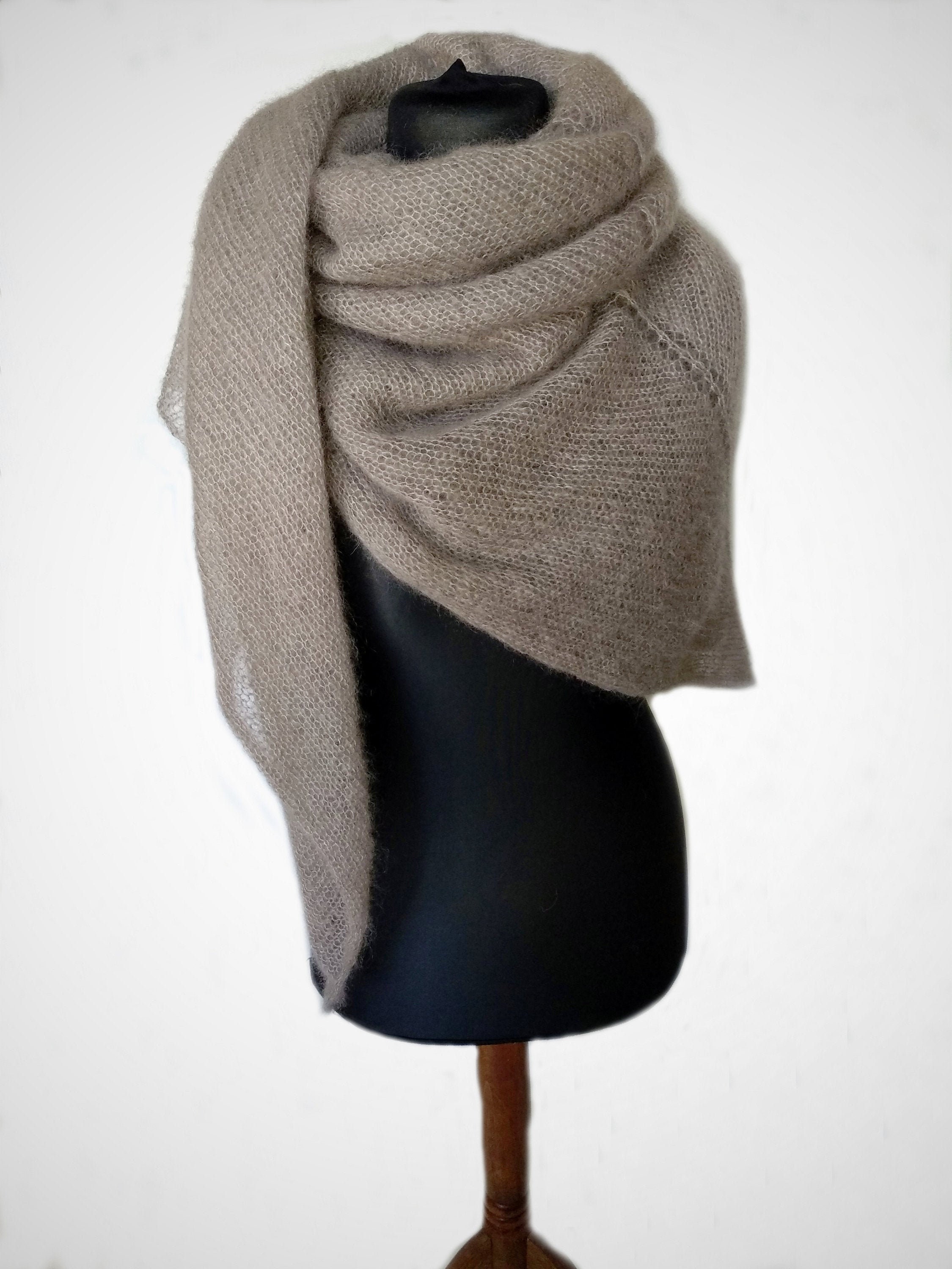 Oversized Scarf Beige, Light Brown and Off-White Wool and Mohair Blend