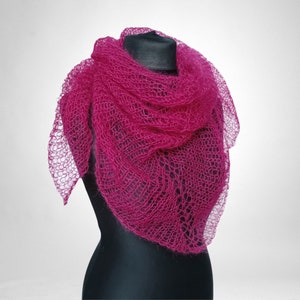 Loose knit shawl, dark pink silk mohair, berries scarf, lightweight cover up, triangular shawls, versatile pink scarflette for spring