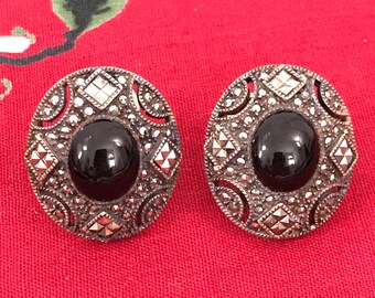 Vintage Judith Jack Marcasite Black Onyx Sterling Silver Post Earrings