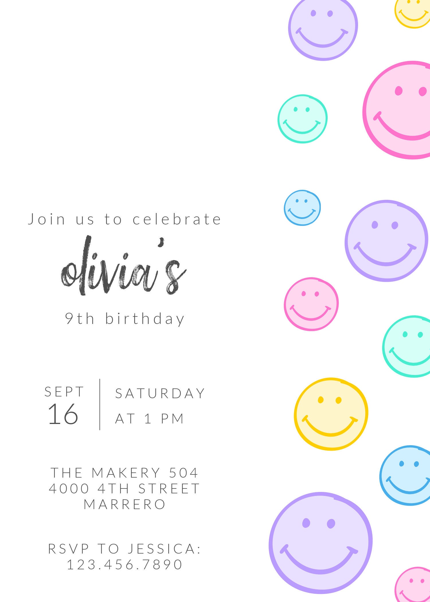 Girls Smiley Face Birthday Invitation Digital Smiley Invite Etsy