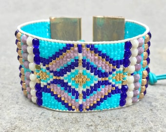 Beaded woven loom leather bracelet, delica, czech firepolished, tribal, aztec, boho, southwestern friendship cuff