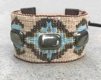 Beaded pyrite woven loom leather bracelet, seed beads tribal, aztec, boho, friendship cuff