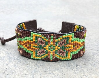 Beaded woven loom leather bracelet, seed bead tribal, aztec, boho, southwestern friendship cuff