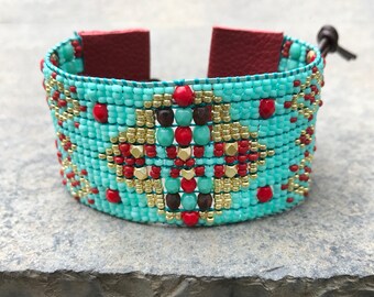 Beaded woven loom leather bracelet, seed bead tribal, aztec, boho, thick southwestern friendship cuff