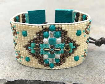 Beaded woven loom leather bracelet, seed bead tribal, aztec, boho, southwestern friendship cuff