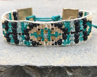 Beaded woven loom leather bracelet, aqua seed bead tribal, aztec, boho, gold and teal southwestern friendship cuff