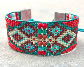 Beaded woven loom diamond leather bracelet, seed bead tribal, aztec, boho, southwestern friendship cuff