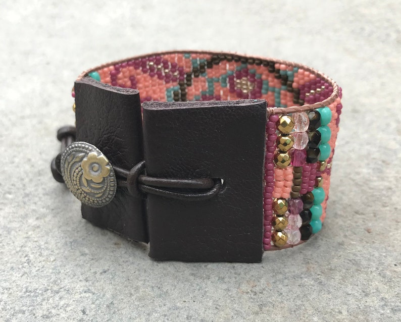aztec southwestern friendship cuff seed bead tribal boho Beaded woven loom flower leather bracelet