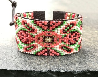 Beaded woven loom leather bracelet, seed bead tribal, aztec, boho, southwestern friendship cuff