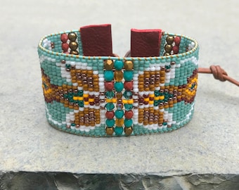 Beaded woven loom leather bracelet, seed bead tribal, aztec, boho, southwestern friendship cuff