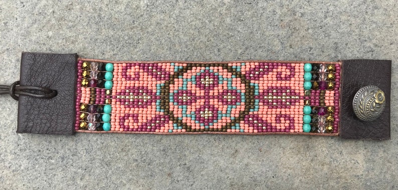 aztec southwestern friendship cuff seed bead tribal boho Beaded woven loom flower leather bracelet